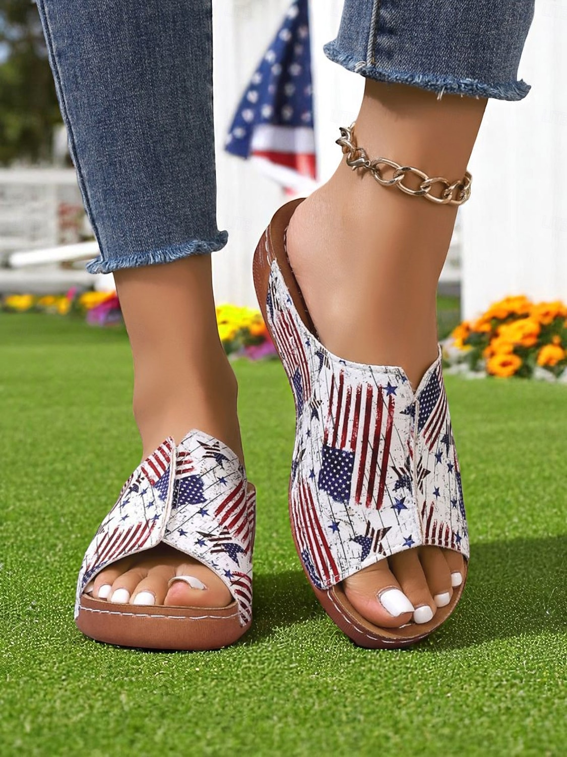 USA 250. Jubiläum Frauen Abgeriebene Amerikanische Flagge Druck Rutschen Sandalen – Sommerschuhe für den Unabhängigkeitstag Gartenpartys und Freizeitkleidung im Freien 2026 - $24.99 –P4