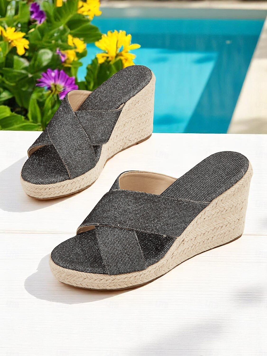 női fekete csillámos keresztpántos espadrille ékszandál – kényelmes, üdülőhelyre kész papucsok tengerparti nyaraláshoz 2025 - $34.99 –P3