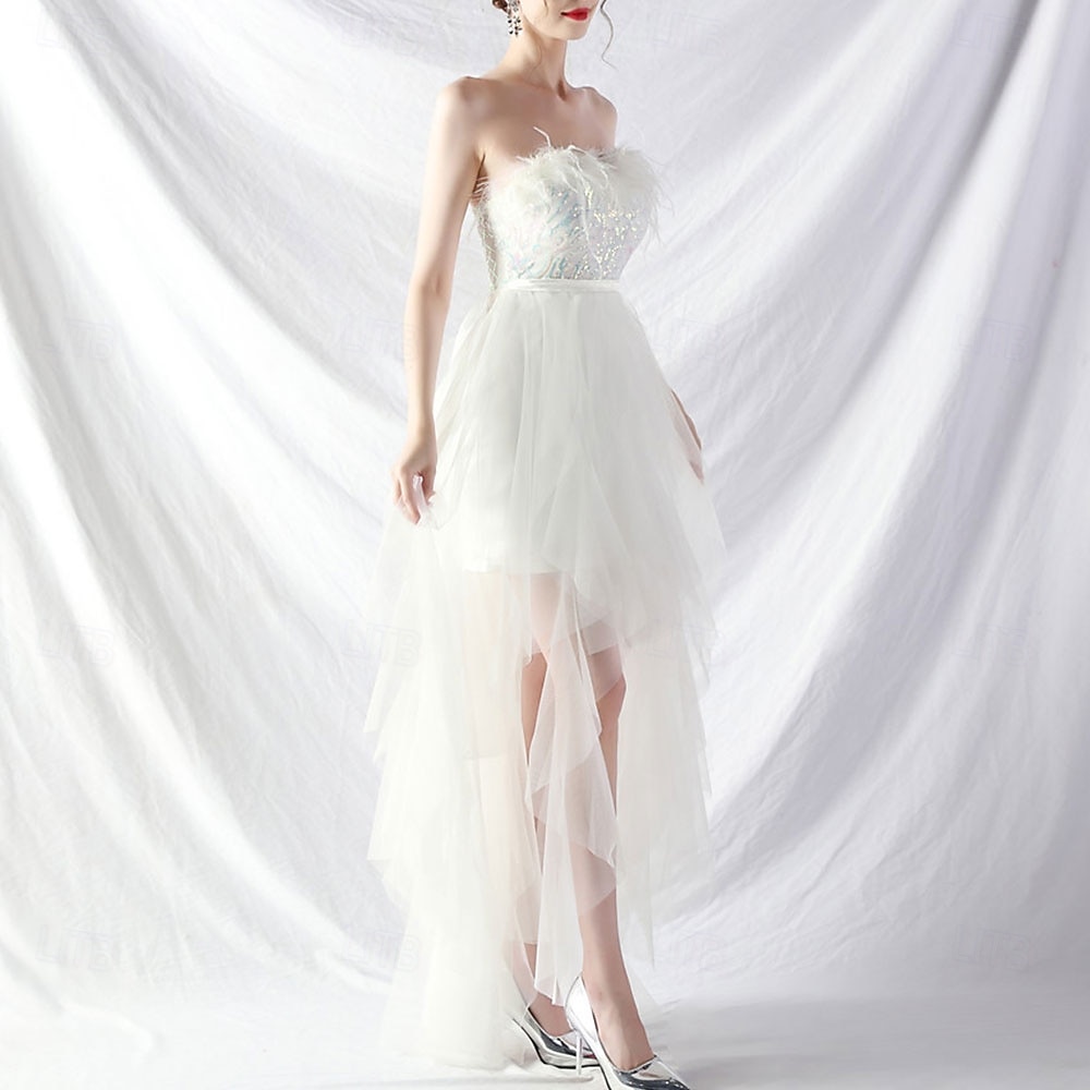 A-Line Quinceanera Dresses Elegant Dress Formal Wedding Asymmetrical Sleeveless Strapless Tulle Backless with Feather Embroidery 2025 - $84.99 –P16