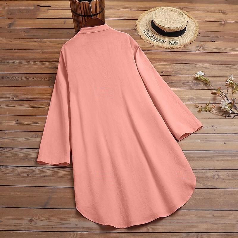 Mujer Camisa Camisas de algodón y lino Blusa Plano Moderno Casual Manga Larga Escote en Pico Tops largos Festivos Noche Botones Bolsillo Blanco Amarillo Rosa Verde Trébol Verano 2025 - $28.99 –P4