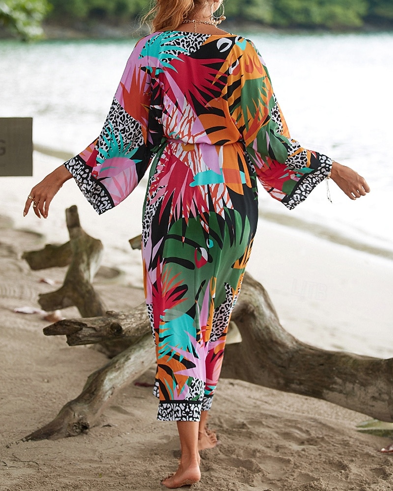 Жен. Купальники Накидка купальник галстук спереди тропический Одежда для пляжа Цветы V-образный вырез Длинный рукав Купальники 2026 - $25.99 –P6