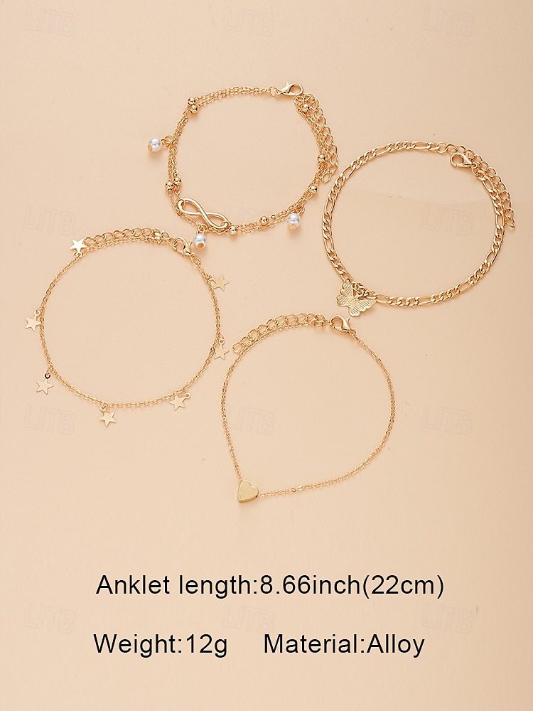 Set di cavigliere da donna placcate in oro a strati con ciondoli a forma di farfalla, cuore, stella, infinito e perla - regolabili, stile boho chic per la spiaggia e l'abbigliamento casual del 2025 a $7.99 –P6