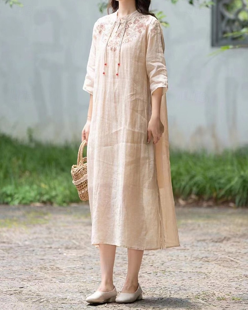 Pentru femei Rochii Midi Rochie din in bumbac Rochie florala Modă Modern Vacanță Zilnic Concediu Fit regulat Floare Manșon Jumate Guler de stand Roz Îmbujorat Albastru piscină Trifoi Caisă Vară 2025 - $28.99 –P19