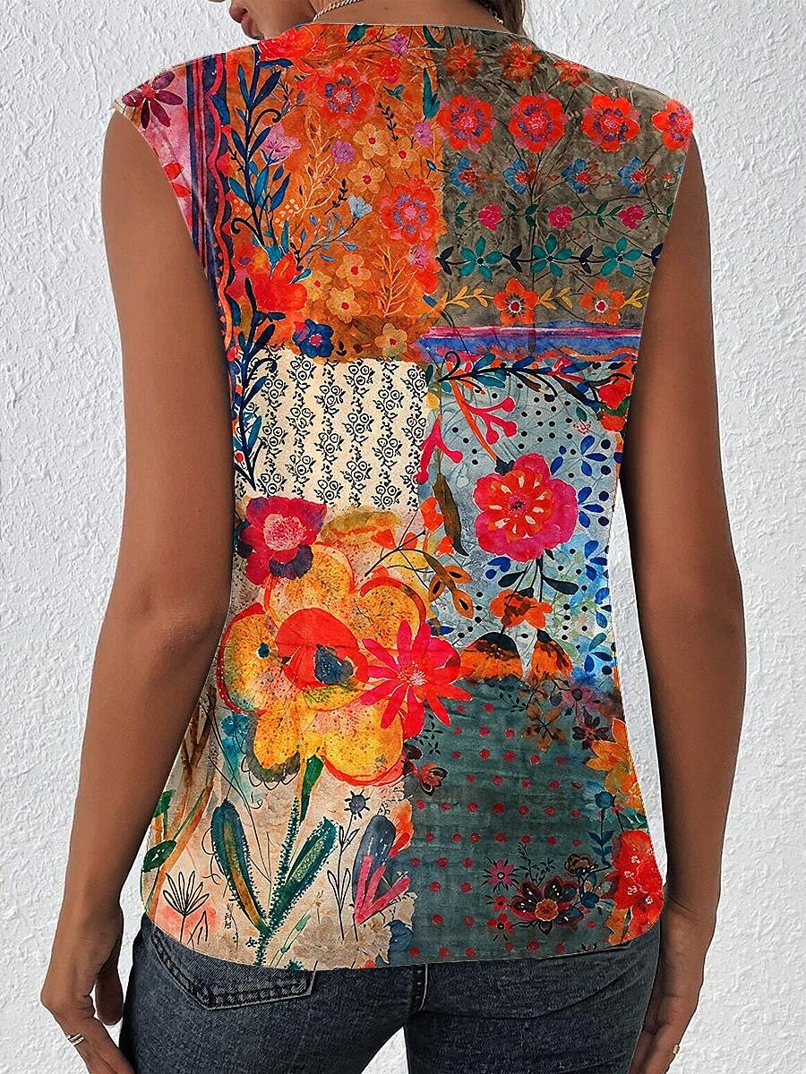 Dame Camisole Tank Top Blomstret Grafisk Elegant Bohem Årgang Ermeløs Crew-hals Vanlige topper Svart Oransje Sommer Vår 2025 - $19.99 –P2