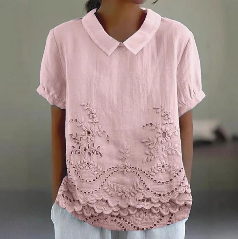 Dame Bluse Blomstret Grafisk Elegant Årgang Stilfull Kortermet Skjortekrage Vanlige topper Arbeid Daglig Trykt mønster Hvit Rosa Blå Sommer Vår 2025 - $23.99 –P1