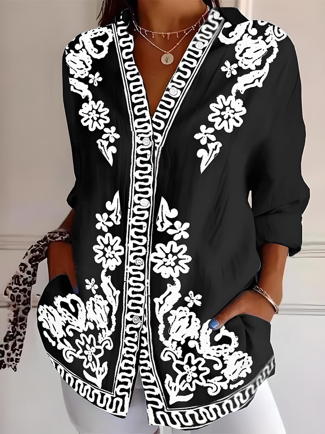 Camicia da donna a maniche lunghe bottone giù blusa floreale grafica geometrica casual colletto regolare top da lavoro quotidiano vacanze bottoni stampa denim blu nero arancione azzurro estate del 2025 a $32.99 –P1
