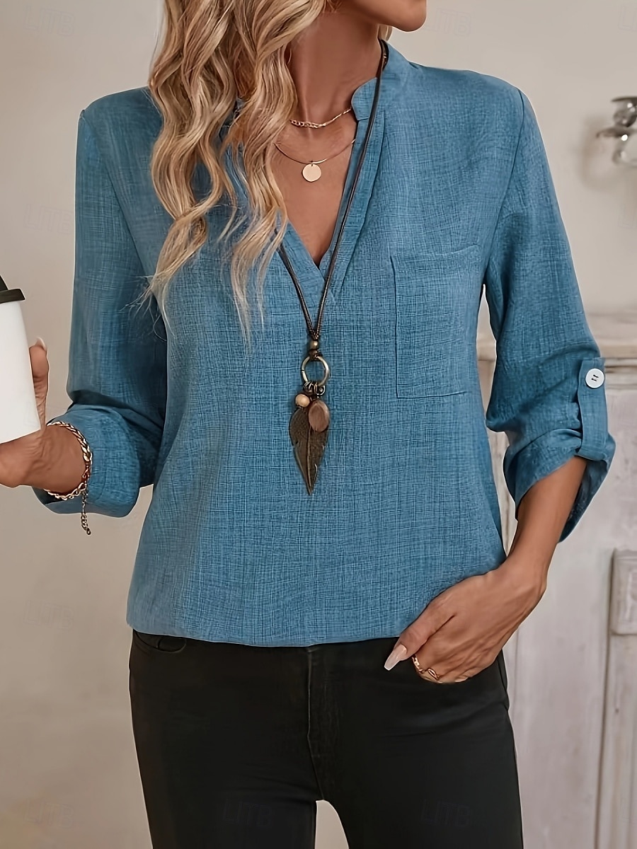 Femmes Chemise Uni Basique Occasionnel manche longue Encolure en V Hauts Réguliers Quotidien Boutons Noir Rose Claire Bleu Roi Bleu Vert Été Printemps de 2025 ? $17.99 –P4