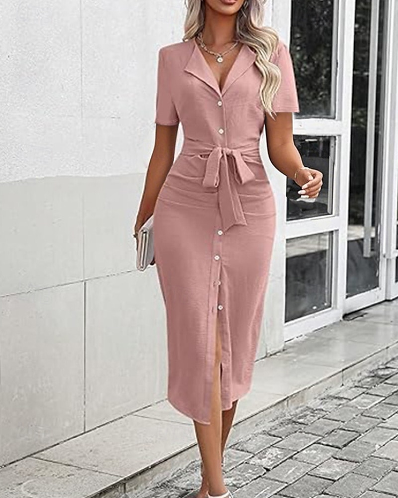 Damen Midikleid Hemdblusenkleid Mode Modern Urlaub Ausgehen Wochenende Normale Passform Einfach Kurzarm Hemdkragen Schwarz Rosa Blau Khaki Sommer 2025 - $24.99 –P6