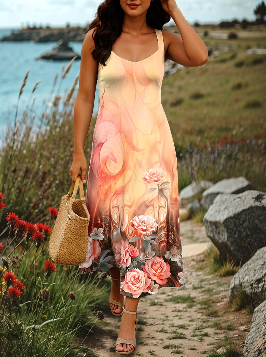 Damen Maxikleid A Linie Kleid Sommerkleid Schulterfreies Kleid Urlaub Lässig Party Date Normale Passform Blumen Grafik Stammes Ärmellos Quadrathals Rote Orange Grün Sommer Frühling 2025 - $26.99 –P5