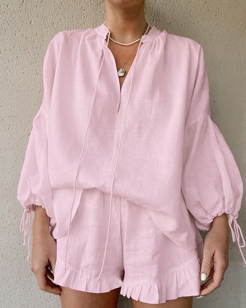 Femmes Actif Chemises en coton et lin Chemisier Ensembles de Shorts manche longue Col en V Couleur Unie Froncé Décontracté Quotidien Week-end Noir Blanche Rose Claire Été Coupe régulière de 2025 ? $24.99 –P8
