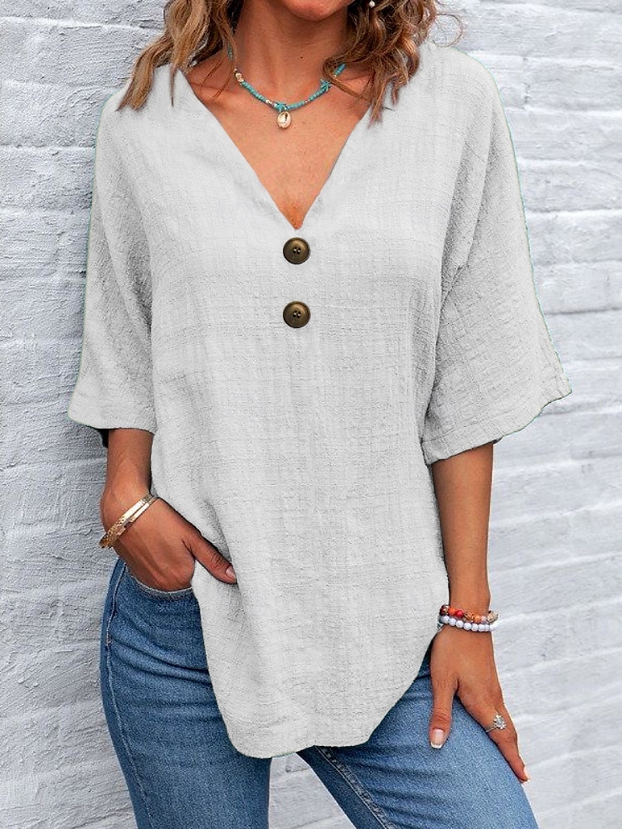Femmes Chemise Uni Basique Occasionnel Demi Manches Col de chemise Hauts Réguliers Quotidien Boutons Jaune Bleu Roi Vert Gris Clair Gris Été de 2025 ? $22.99 –P1