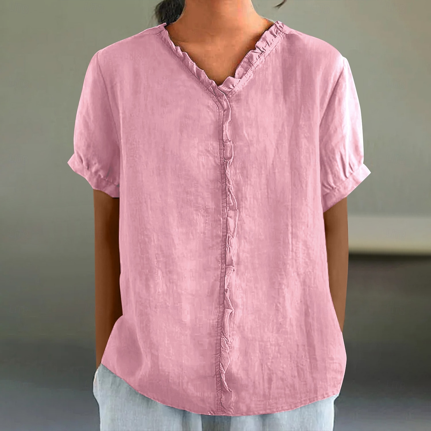 Chemisier en coton et lin pour femme, couleur unie, élégant, décontracté, manches courtes, col en V, régulier, quotidien, vacances, plissé, noir, blanc, rose, violet, vert, été de 2025 ? $23.99 –P5