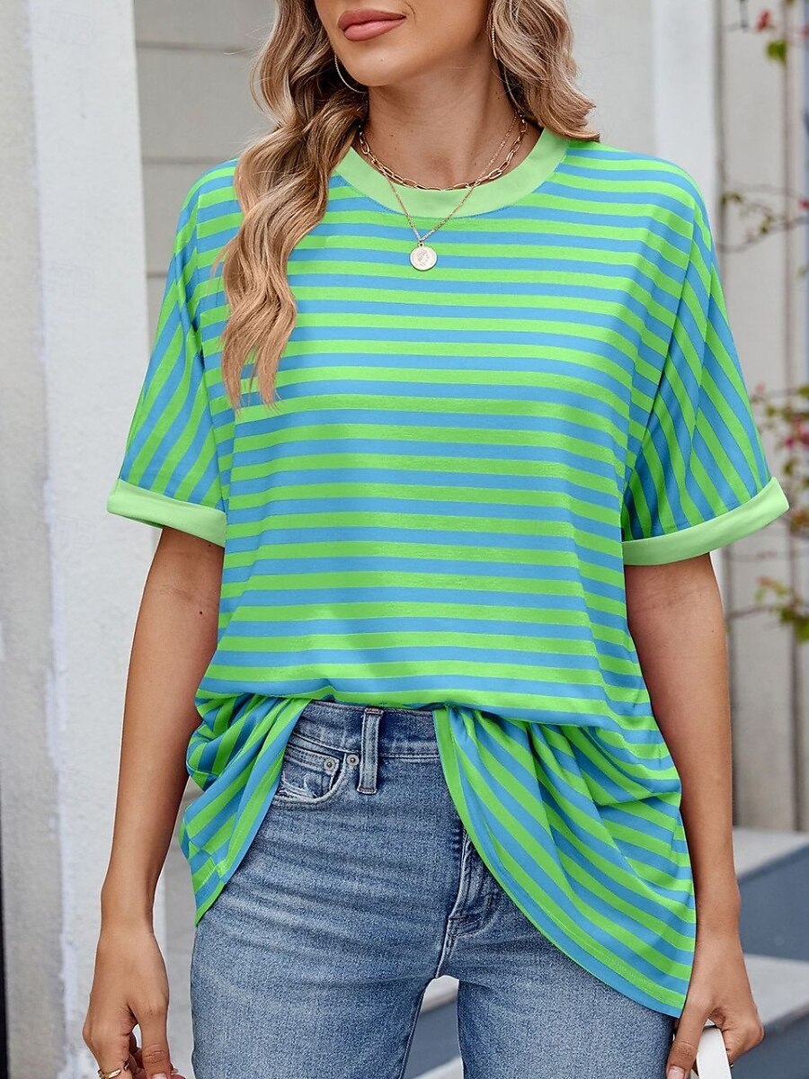 Femmes T-shirt Rayé Mode Élégant Moderne Manche Courte Col ras du cou Hauts Réguliers Quotidien Week-end Imprimé Noir Rouge Bleu Vert Été de 2025 ? $16.99 –P15