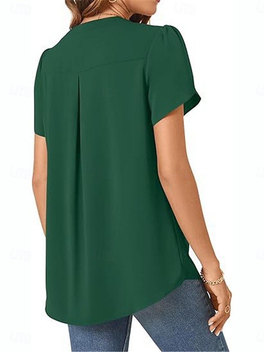 Femmes Chemisier Couleur Unie Élégant Basique Occasionnel Manche Courte Col en V Hauts Réguliers Quotidien Noir Blanche Bleu Vert Abricot Été de 2025 ? $19.99 –P16