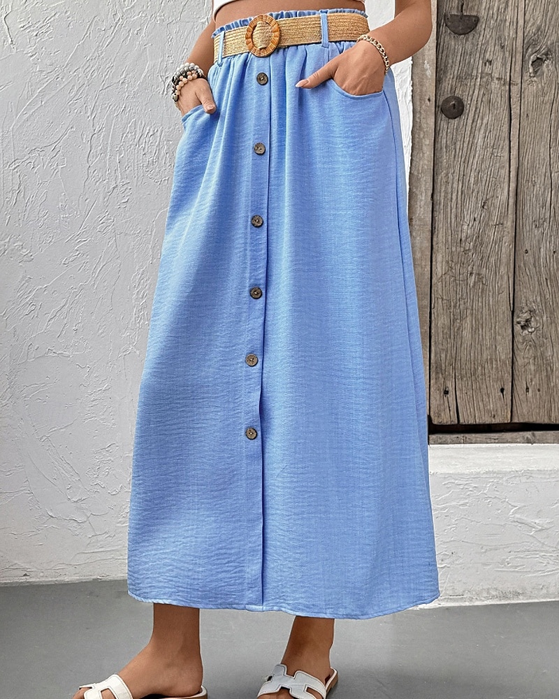 Dam Kjol Ledigt Midi Mellanhög midja Kjolar Slät Ficka Microelastisk Semester Gata Blå Sommar Polyester 2025 - $21.99 –P1