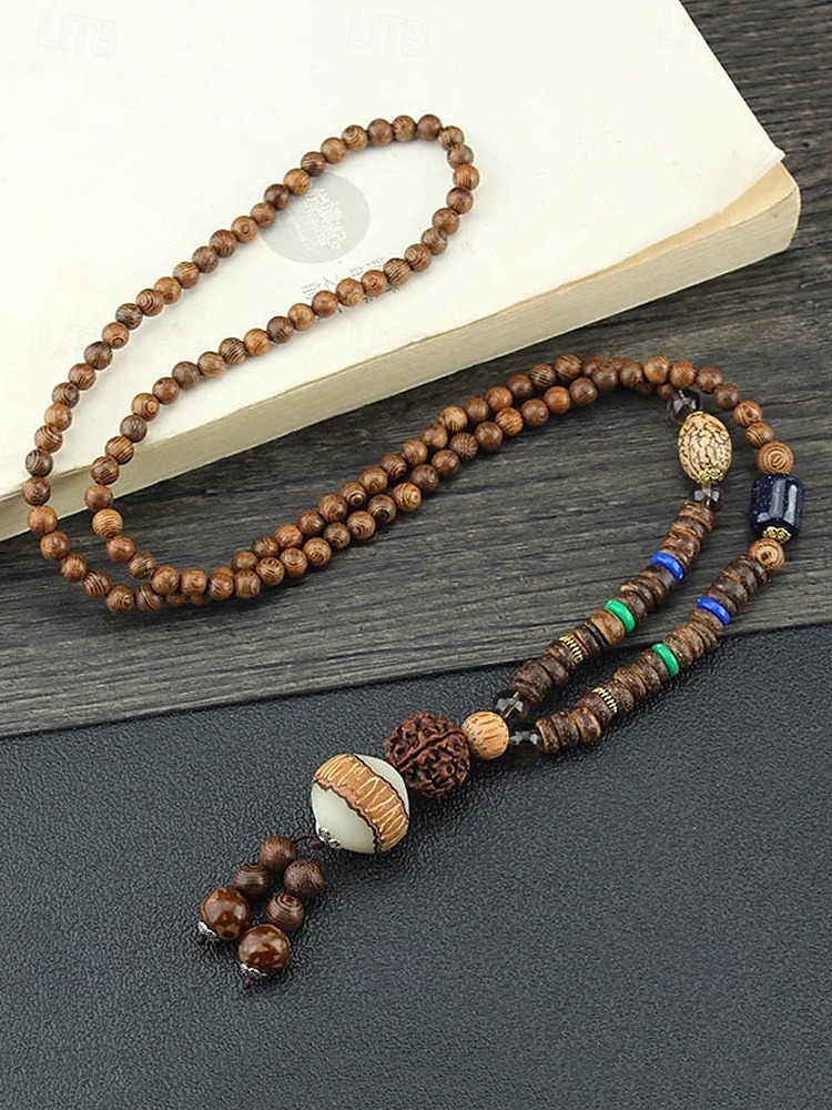 Pánský náhrdelník z přírodních dřevěných korálků s tibetským totemovým přívěskem, boho etnický styl s dlouhým řetízkem pro meditaci, jógu, duchovní setkání a ležérní letní outfity. 2026 - $10.36 –P6