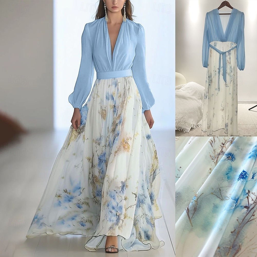 Damen Langes Kleid Maxikleid Freizeitkleid Blumenkleid Elegant Mode Romantisch Outdoor Ferien Date Normale Passform Blume Langarm V Ausschnitt Weiß Blau Sommer Frühling 2025 - $30.99 –P3