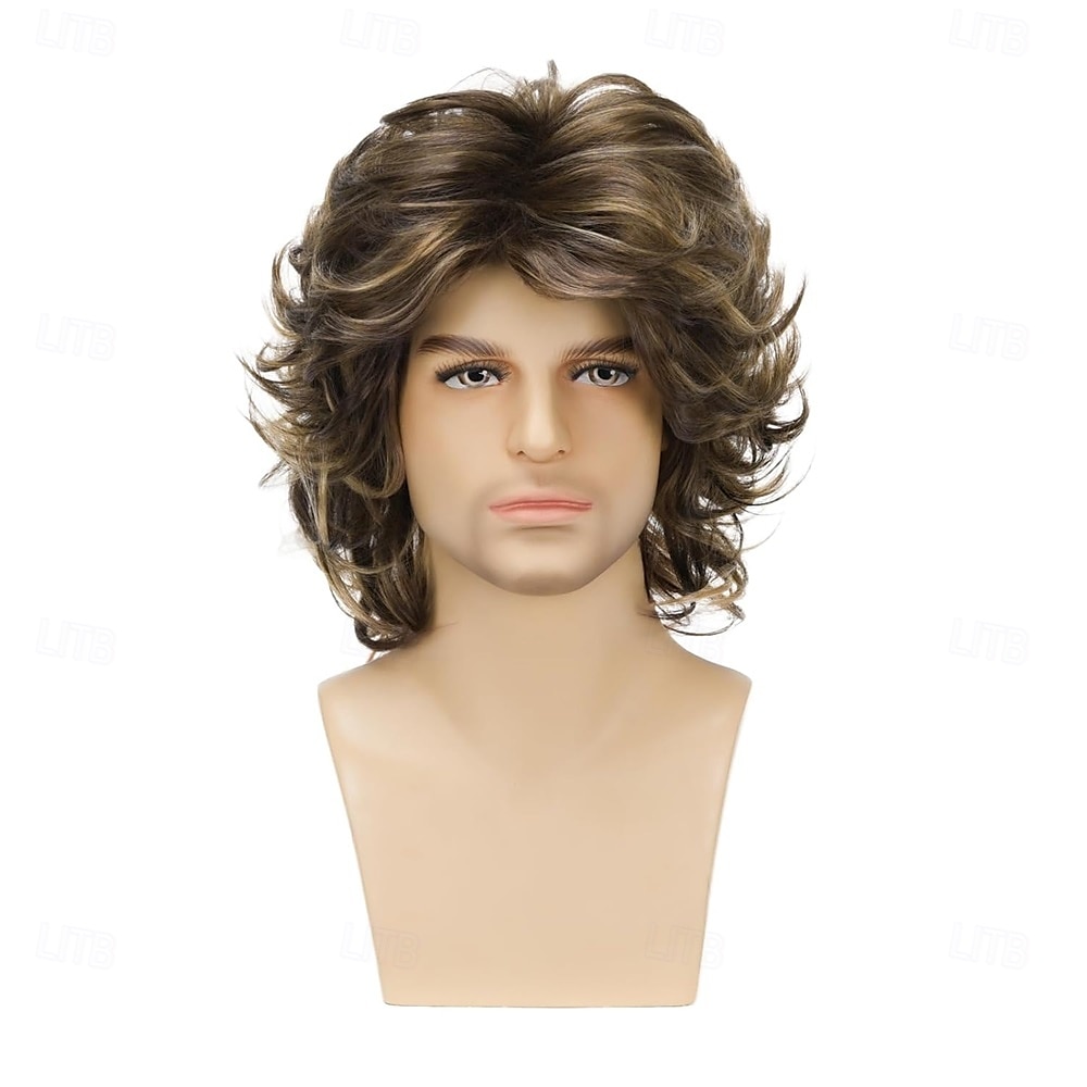 Pánská krátká hnědá paruka mix blond nadýchaná vlnitá vrstvená paruka cosplay rockerská párty halloweenský kostým syntetické vlasy 2025 - $25.99 –P2