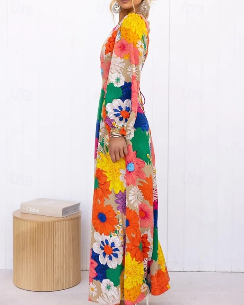 Damskie Długa sukienka sukienka maxi Sukienka w kwiatki Sukienka Boho Sukienka z nadrukiem Moda Klasyczny Nowoczesny Na zewnątrz Urlop Święto Regularny Kwiat Długi rękaw Półgolf Żółty Lato 2025 - $28.99 –P2