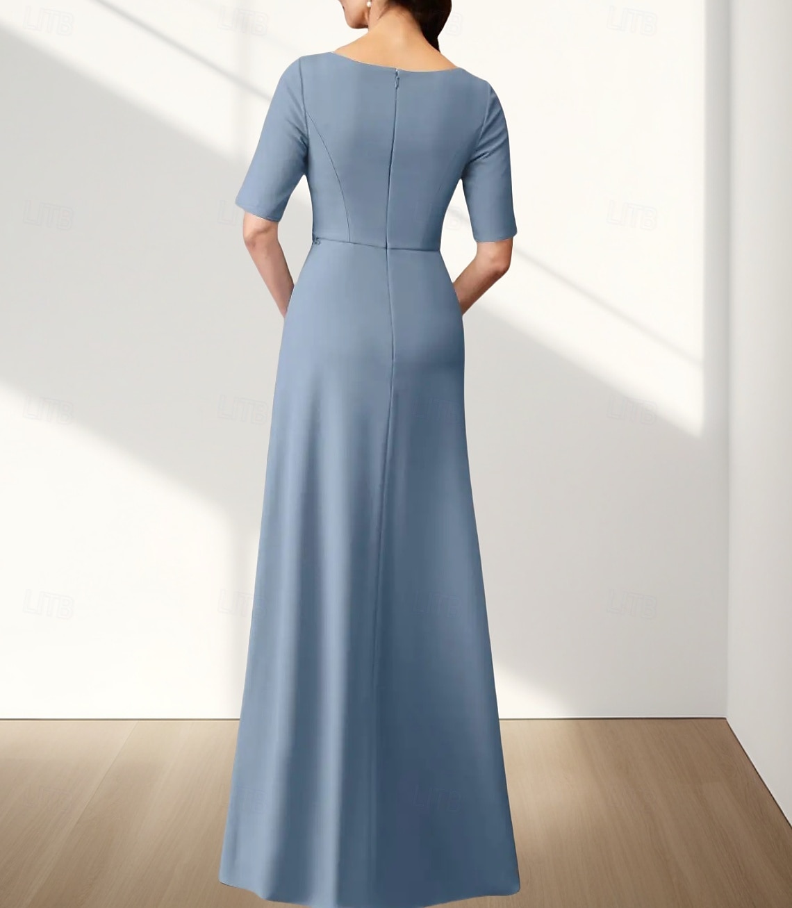 A-Linie Brautmutterkleid Hochzeitsgast Elegant Rundhalsausschnitt Bodenlang Chiffon Stretchstoff Halbarm mit Applikationen Raffung 2025 2025 - $157.99 –P2