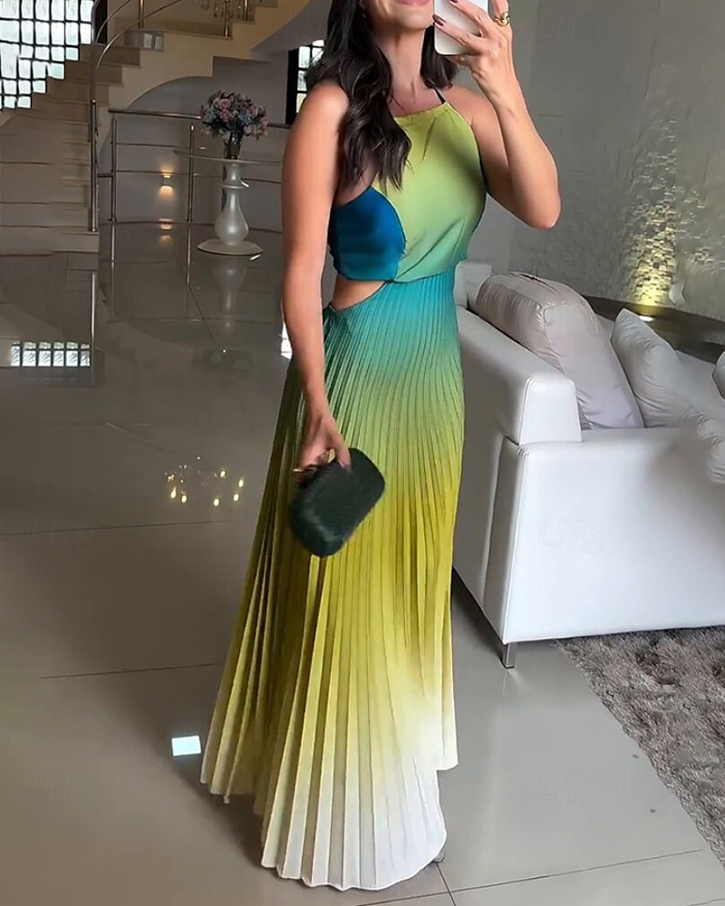Femmes Robe Longue Maxi Robe Robe froncée Moderne Extérieur Vacances Fête Coupe régulière A Ombre Sans manches Col ras du cou Bleu Orange Vert Été de 2025 ? $25.99 –P4