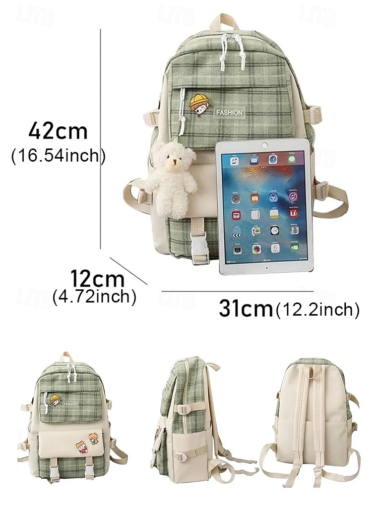 Girls 5-piece school backpack set with messenger bag, Pencil bag, Coin purse - Cute patchwork plaid design, Lightweight and durable, Suitable for teenagers and daily use 2025 - $32.99 –P5