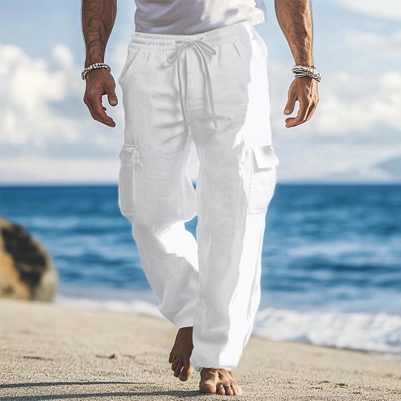 Homens Calças Cargo Calças de linho Calças Calça verão Calças largas Com Cordão Cintura elástica Bolso multi Tecido Conforto Respirável Comprimento total Ao ar livre Feriado Para Noite Férias Moda de 2025 por $25.99 –P6