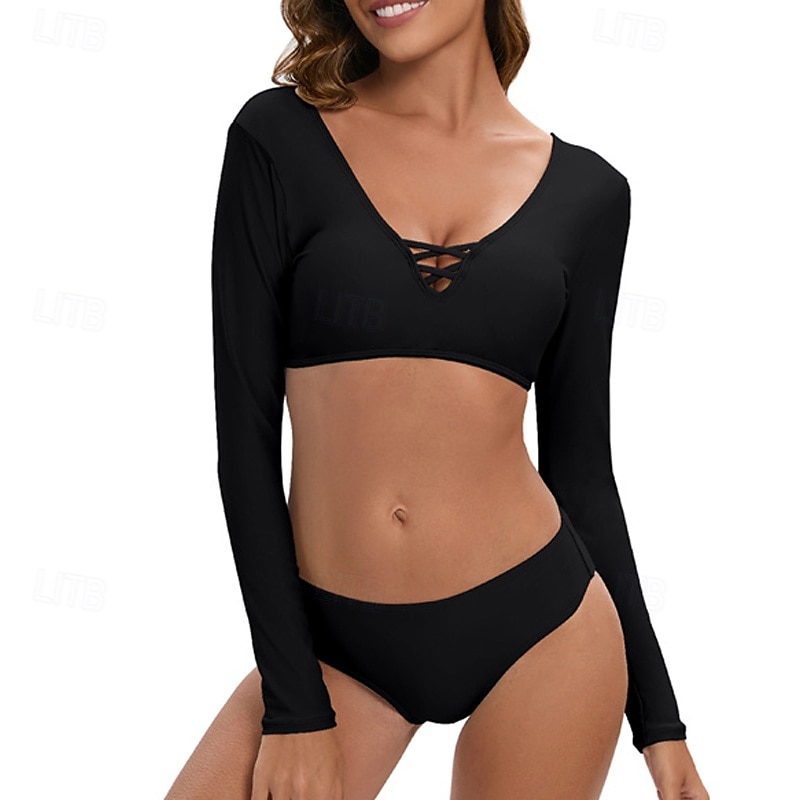Dam Tankini Tvådelad baddräkt Öppen Rygg Badkläder Solid färg Badkläder Svart Andningsfunktion Snabb tork Långärmad - Simmning Surfing Snorkelfenor Sommar 2025 - $26.99 –P4