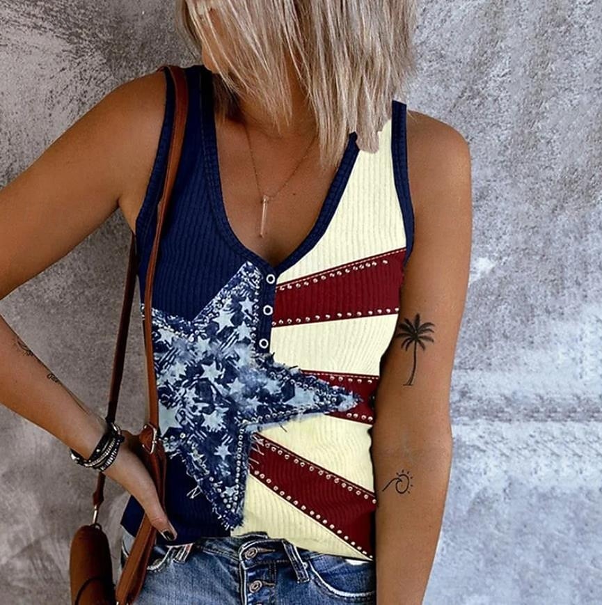 Unabhängigkeitstag Patriotische Damen Camisole Tank Top Grafik Flagge Vintage Tropical Stilvoll Ärmellos V-Ausschnitt Reguläre Oberteile Täglicher Druck Denim Blau Schwarz Weiß Rot Blau Sommer 2026 - $19.99 –P5