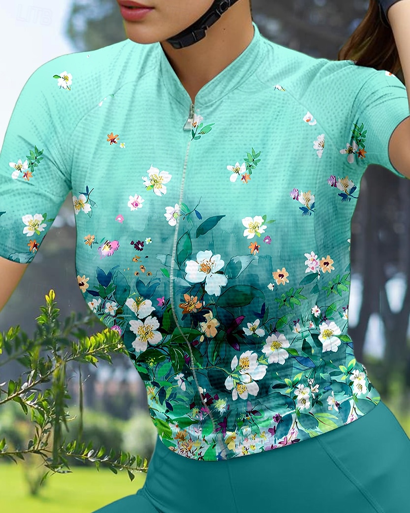 نسائي جورسيه الدراجة الرسم التدرج الأزهار النباتية كم قصير الدراجة جورسيه قمم مع 3 جيوب خلفية واقي شمسي مقاوم للأشعة فوق البنفسجية سريع جاف شرائط عاكسة رياضات أخضر ملابس 2025 - $30.99 –P3