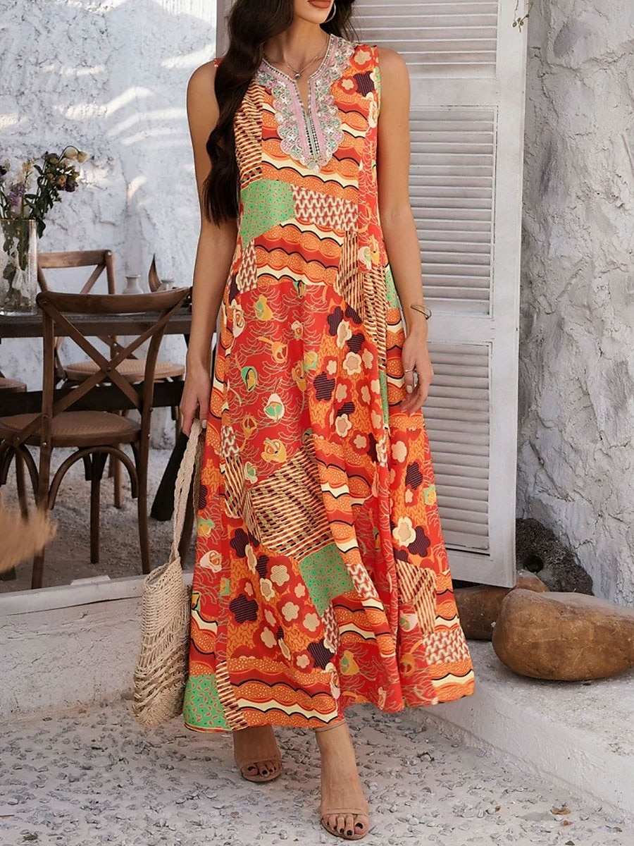 Damen Maxikleid A Linie Kleid Sommerkleid Urlaub Täglich Ferien Lässiger Schnitt Blumen Grafik Ärmellos V Ausschnitt Orange Sommer 2025 - $36.99 –P1
