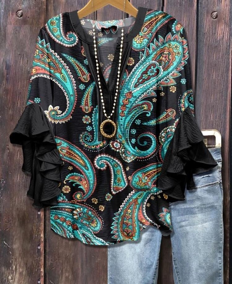 Damenbluse Geschichtete Rüschenschlupfärmel Tops Floral Grafik Paisley Bohemia Vintage Täglich 3/4 Lange Ärmel V-Ausschnitt Reguläre Tops Täglich Urlaub Ferien Kleidung Print Schwarz Pink Lila 2025 - $29.99 –P4