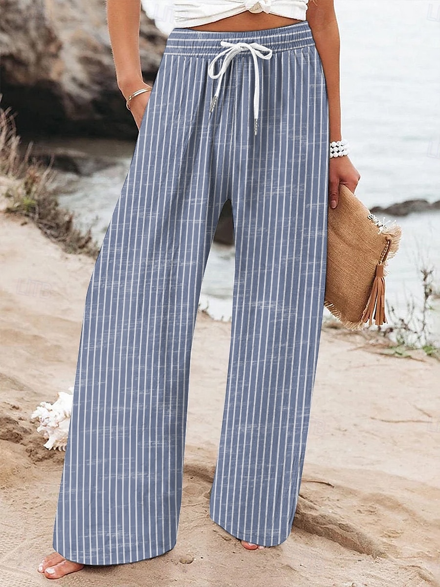 Per donna Gamba larga Chinos Pantaloni Larghi Vacanza Vintage Moda Lunghezza intera Vita Alta Grafico A righe Stampa Micro-elastico Formale Vacanza Streetwear Viola Rosso rubino Verde Estate Primavera del 2025 a $24.99 –P1