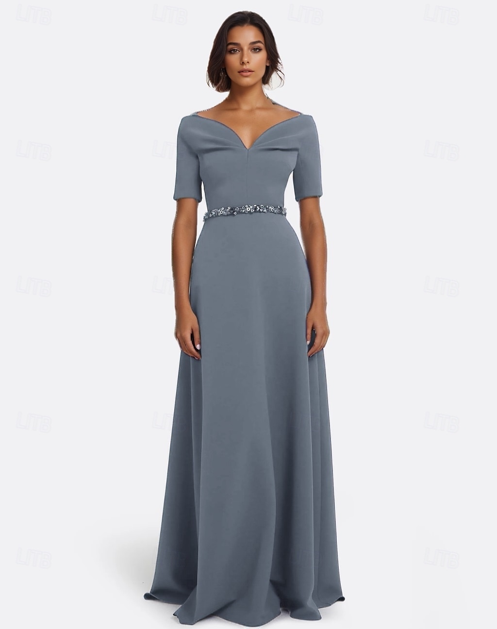 Linea ad A Abito da Sera Elegante Vestito Formale Matrimonio Lunghezza al pavimento Manica Corta Scollo a V Crepe Elasticizzato con Perline 2025 del 2025 a $129.99 –P4