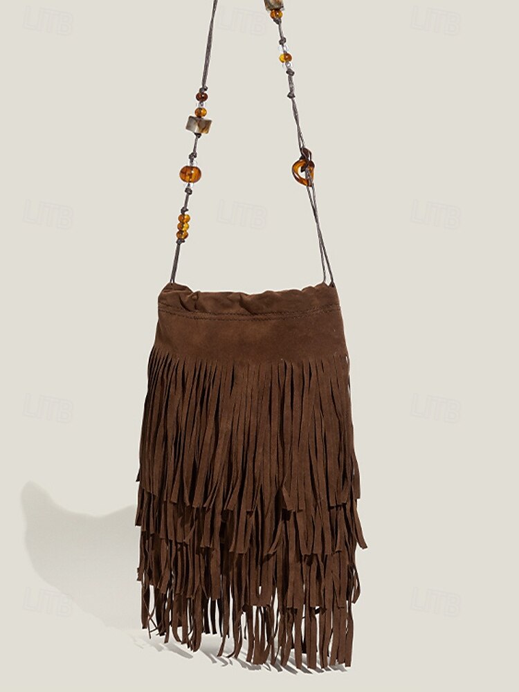 Borsa a tracolla boho da donna con frange e tracolla con perline – borsa a tracolla vintage in pelle scamosciata per festival, viaggi e outfit casual del 2025 a $18.99 –P5