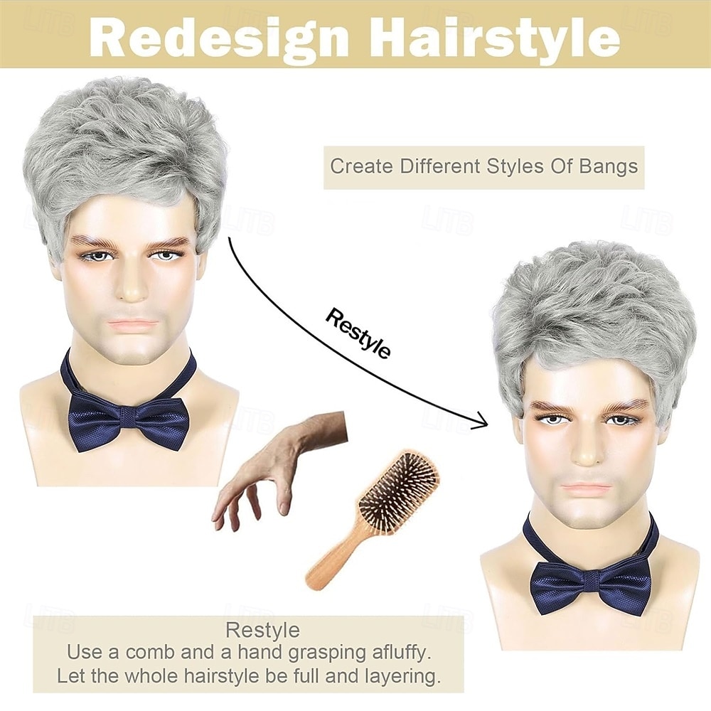 Men's Wig Short Silver Grey Wig Men Natural Layered Synthetic Hair Wigs for Man Male Guy Daily Halloween 2026 - $24.99 –P5