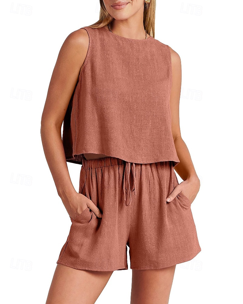 Damen Aktiv Basic Baumwoll-Leinen-Sets Bluse Shorts-Sets Ärmellos Rundhalsausschnitt Einfarbig Kordelzug Ausgehen Wochenende Schwarz Blau Orange Sommer Normale Passform 2025 - NZ $63.49 –P5