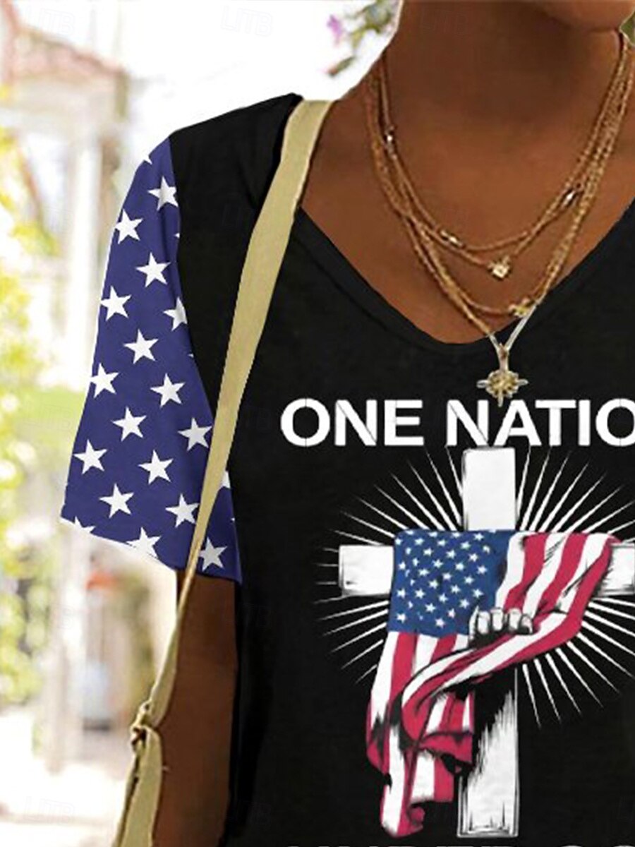 Självständighetsdagen Patriotisk Dam T-shirt Grafisk Flagga Vintage Mode Hawaii Kort Ärmmar V Hals Regular Topp Daglig Utgång Helg Tryck Svart Röd Sommar Vår 2026 - $21.99 –P2