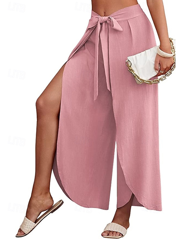 Mujer Pantalones de lino y algodón pantalones Casual Longitud total Cintura Media Plano Cintura elástica Separado Al Aire Libre Cómodo Festivos Ropa Cotidiana Fin de semana Albaricoque PEC Celeste 2025 - $25.99 –P14