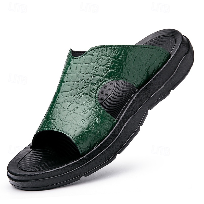 Men's Copper Faux Leather Slide Sandals with Embossed Crocodile Pattern and Black Cushioned Sole – Stylish Slip-On Sandals for Indoor Lounge, Poolside Relaxation, or Resort Wear 2025 - $34.99 –P1