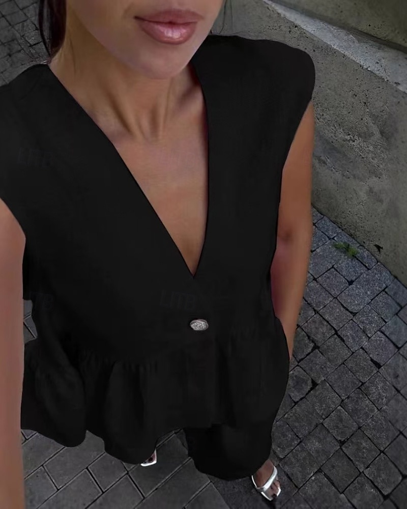 Damen Aktiv Mode Baumwoll-Leinen-Hemden Bluse Hosen-Sets Ärmellos V Ausschnitt Einfarbig Dubbele Rij Knopen Urlaub Alltagstauglich Schwarz Rosa Leicht Blau Sommer Normale Passform 2025 - $36.99 –P6