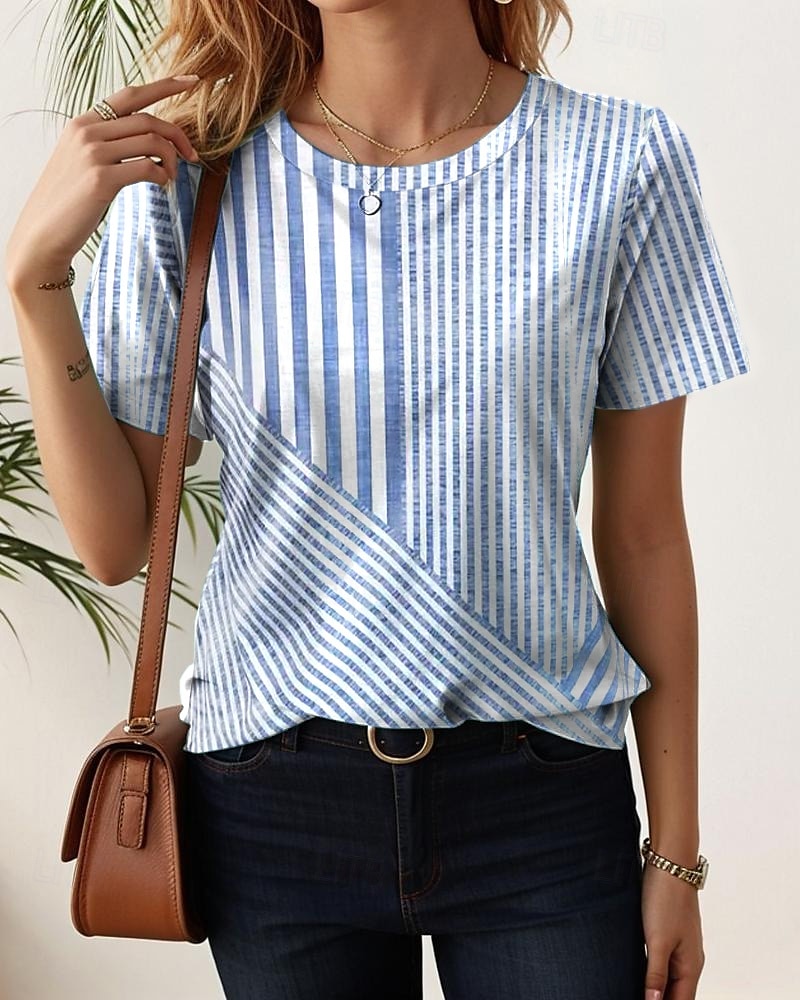 Pentru femei Tricou Grafic Geometric Dungi Epocă Stilat Clasic Manșon scurt Stil Nautic Topuri obișnuite Zilnic Imprimeu Albastru piscină Albastru celest Vară Primăvară 2025 - $19.99 –P2