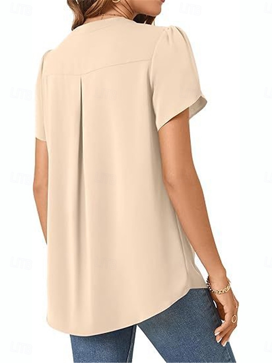 Femmes Chemisier Couleur Unie Élégant Basique Occasionnel Manche Courte Col en V Hauts Réguliers Quotidien Noir Blanche Bleu Vert Abricot Été de 2025 ? $19.99 –P5
