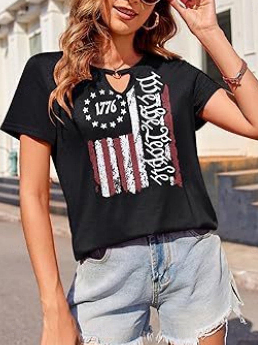 Vrouwen Blouse Vlag Stijlvol Casual Korte Mouw Crewneck Regelmatige Tops Dagelijks Print Zwart Rood Marineblauw Zomer 2025 - $19.99 –P8