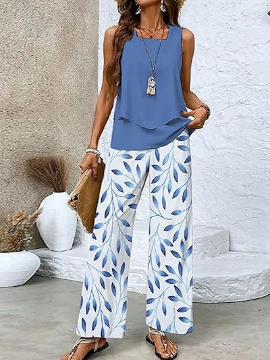 Ensembles de pantalons de mode 2 pièces pour femmes streetwear quotidiens camis sans manches col carré impression graphique florale décontracté extérieur quotidien blanc bleu marine bleu royal été de 2025 ? $43.99 –P4