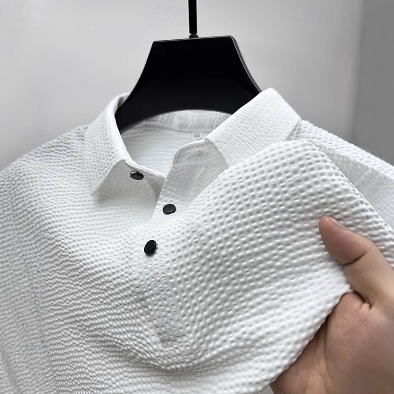 Men's Business Polo Golf Polos Shirts Work Business Lapel Ribbed Polo Collar Short Sleeve Basic Modern Stripes Textured Buttons Knitted Spring & Summer Regular Fit Black White Navy Blue Gray Business 2025 - $22.99 –P2