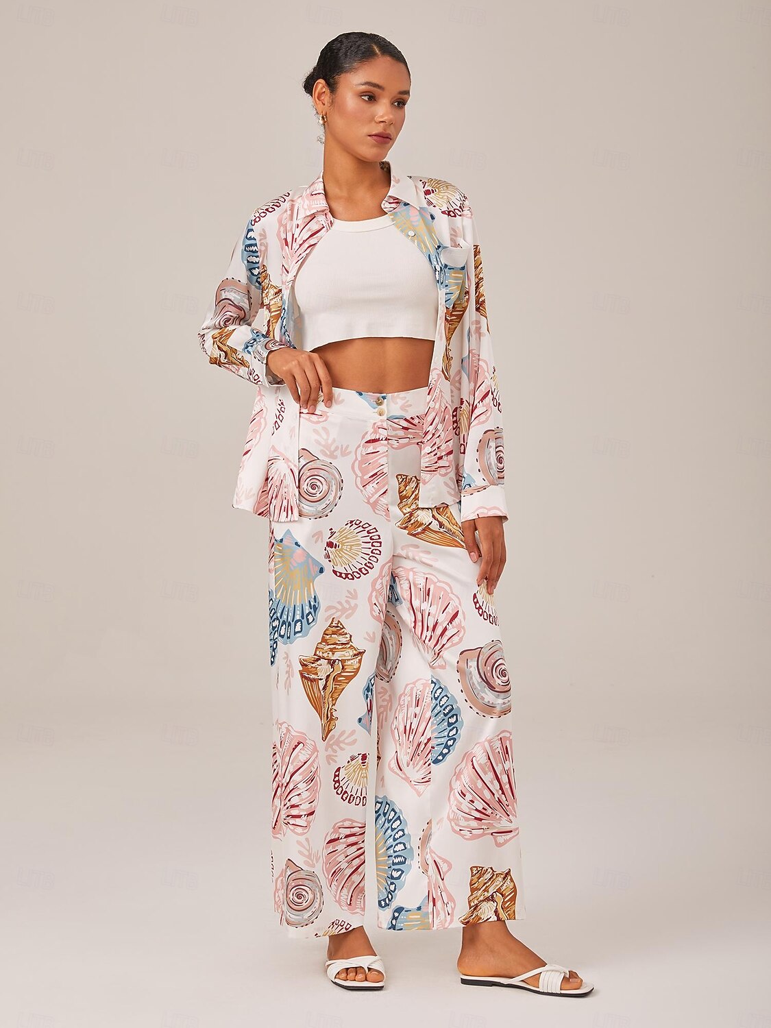 Shell Print Elastic Waist Wide Leg Pants 2025 - $69.99 –P1