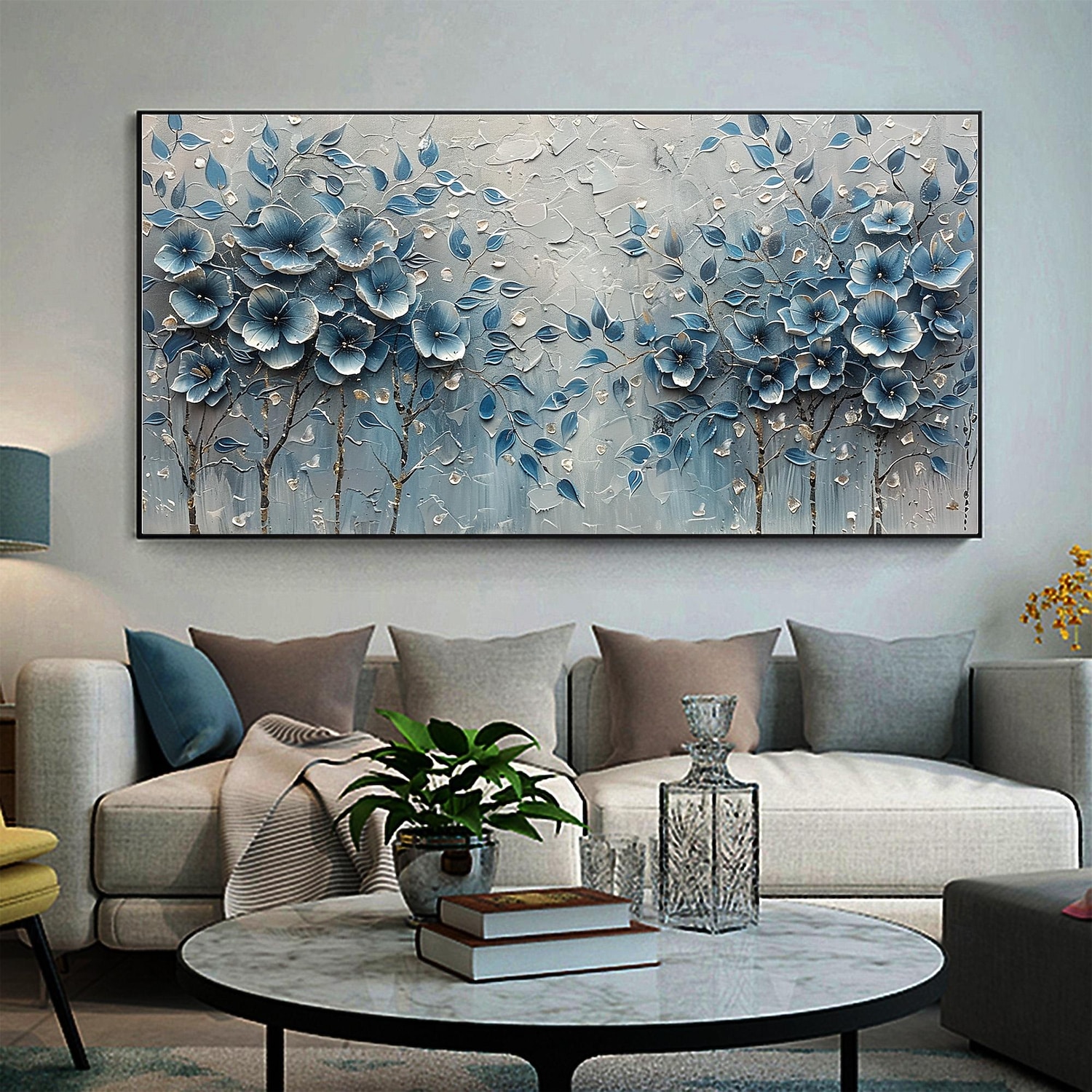 Peinture à l'huile originale faite à la main de fleurs bleues sur toile, art mural abstrait de paysage d'arbre pour la décoration intérieure avec cadre tendu sans cadre intérieur de 2025 ? $131.99 –P3