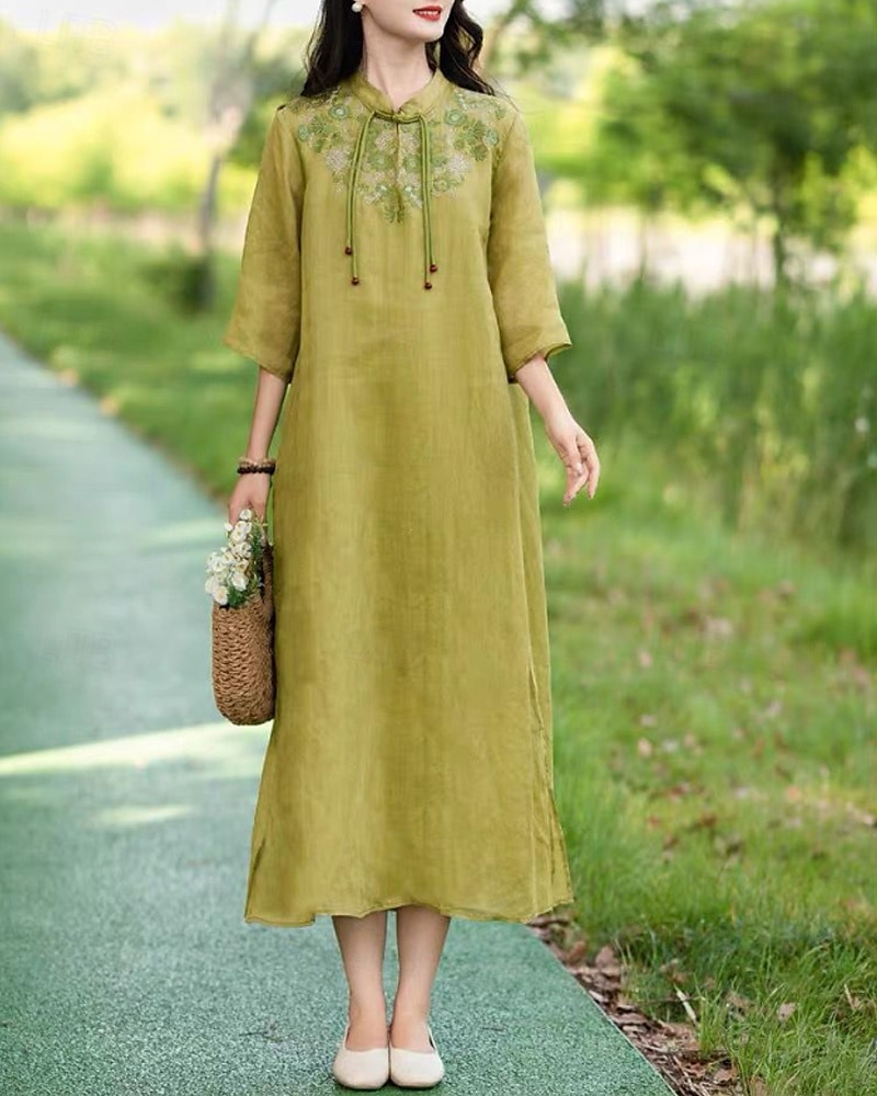 Pentru femei Rochii Midi Rochie din in bumbac Rochie florala Modă Modern Vacanță Zilnic Concediu Fit regulat Floare Manșon Jumate Guler de stand Roz Îmbujorat Albastru piscină Trifoi Caisă Vară 2025 - $28.99 –P3