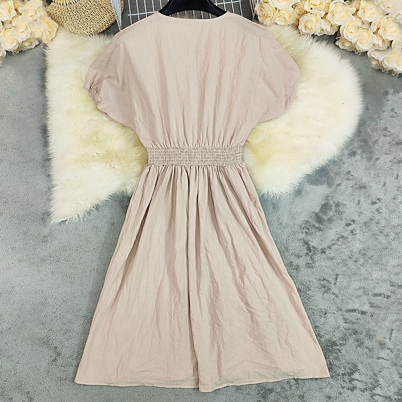 Femmes Robe Midi Robe en coton et lin Mode Moderne Extérieur Vacances Fête Coupe régulière Uni Manche Courte Col en V Kaki Été de 2025 ? $28.99 –P3